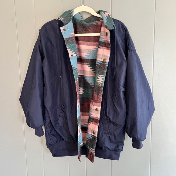 Braetan Jackets & Blazers - Vintage reversible‎ windbreaker jacket Aztec fleece Braetan XL navy 90s western